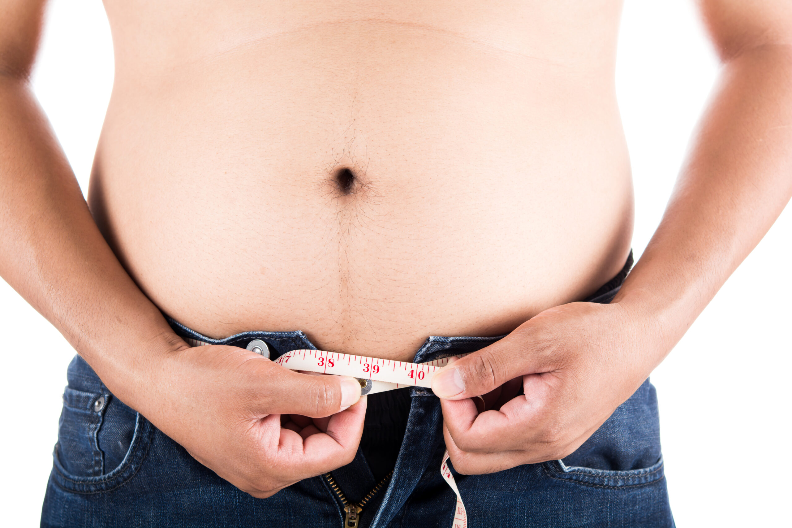 Fat man holding a measurement tape